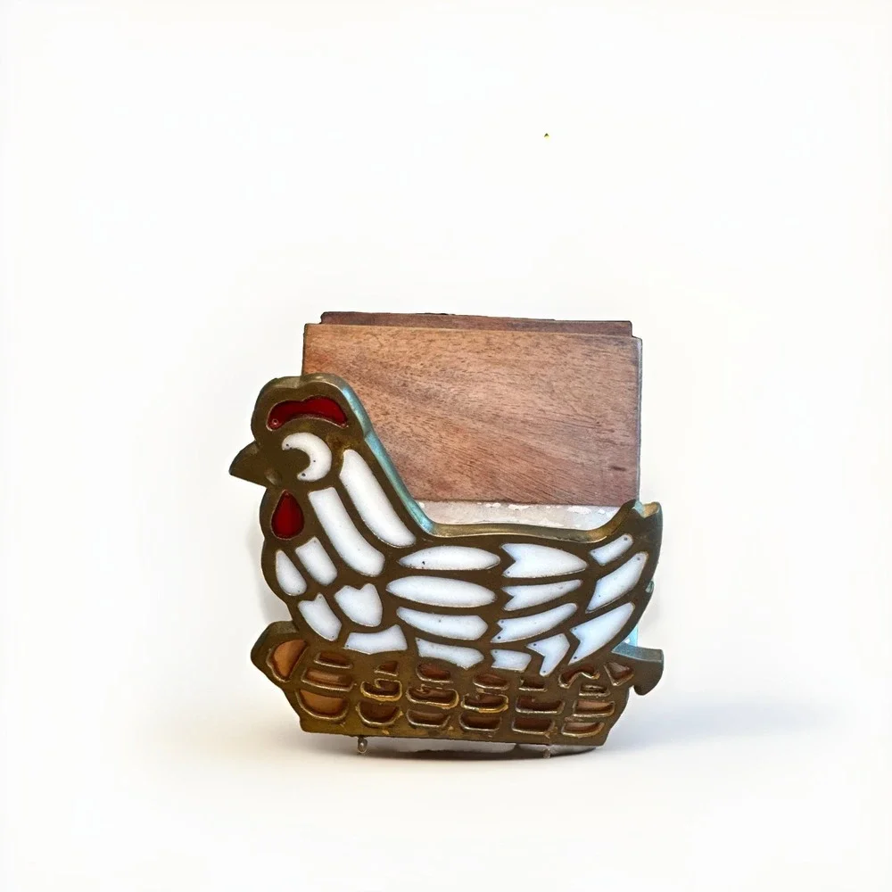 Vintage Chicken Hen Stained Glass Brass Napkin Holder Letter Coaster Holder
